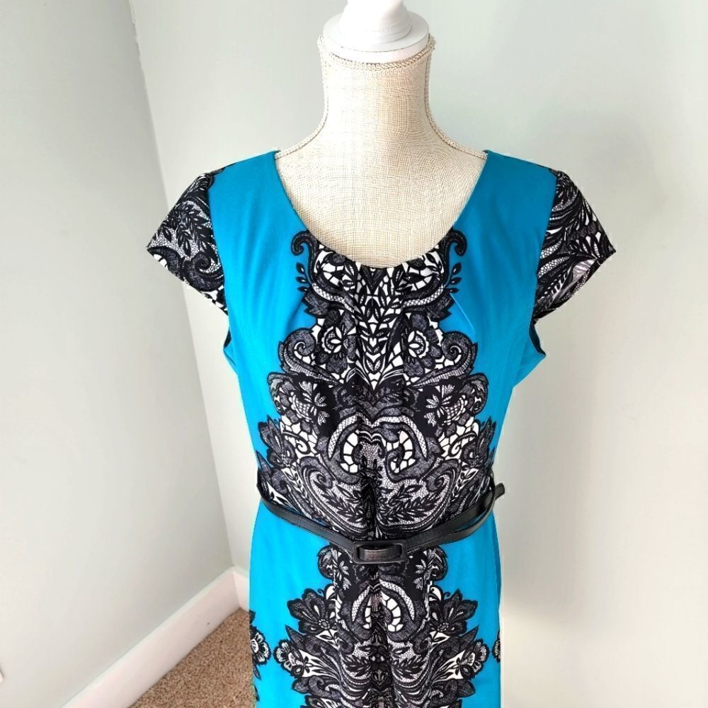 SHELBY AND PALMER BELTED DRESS CAPPED SLEEVE BLUE BLACK AND CREAM PLUS SIZE 14 - Picture 2 of 5